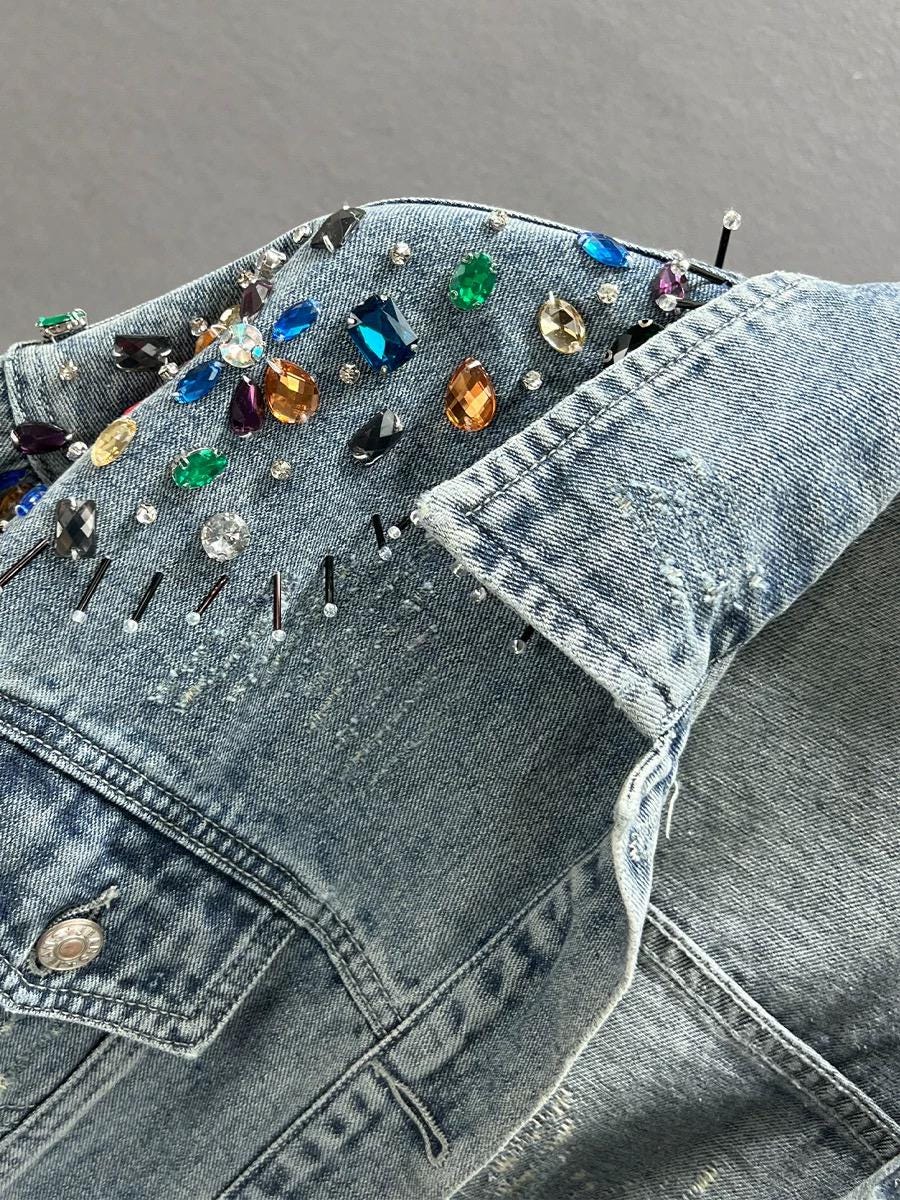 Embellished Denim Jacket with Acrylic Gem Shoulders, Reworked Statement Jean Jacket, Artisan Distressed Denim Outerwear