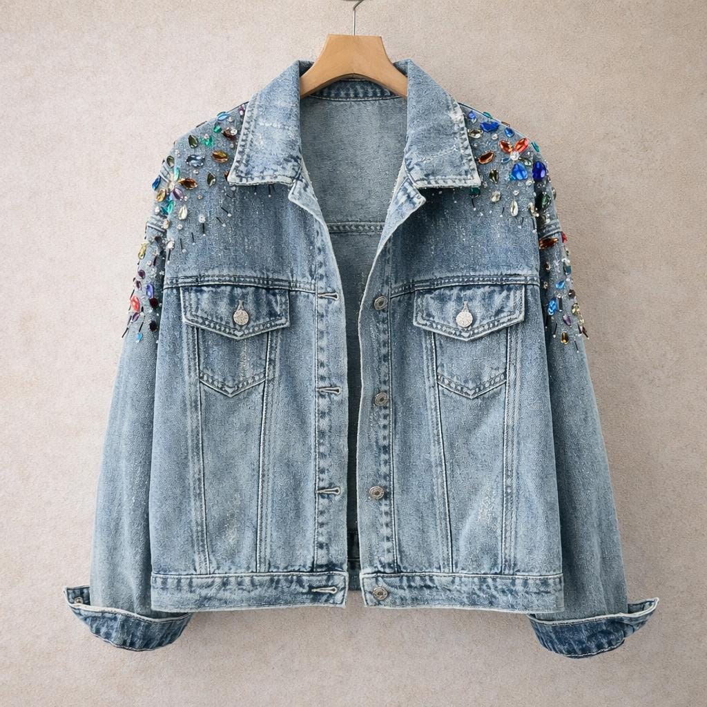 Embellished Denim Jacket with Acrylic Gem Shoulders, Reworked Statement Jean Jacket, Artisan Distressed Denim Outerwear