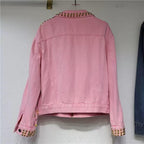 Reworked Beaded Denim Jacket with Multicolor Acrylic Gems, Statement Studded Pink Jean Jacket, Beaded Artisan Festival Outerwear