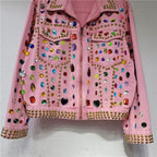 Reworked Beaded Denim Jacket with Multicolor Acrylic Gems, Statement Studded Pink Jean Jacket, Beaded Artisan Festival Outerwear
