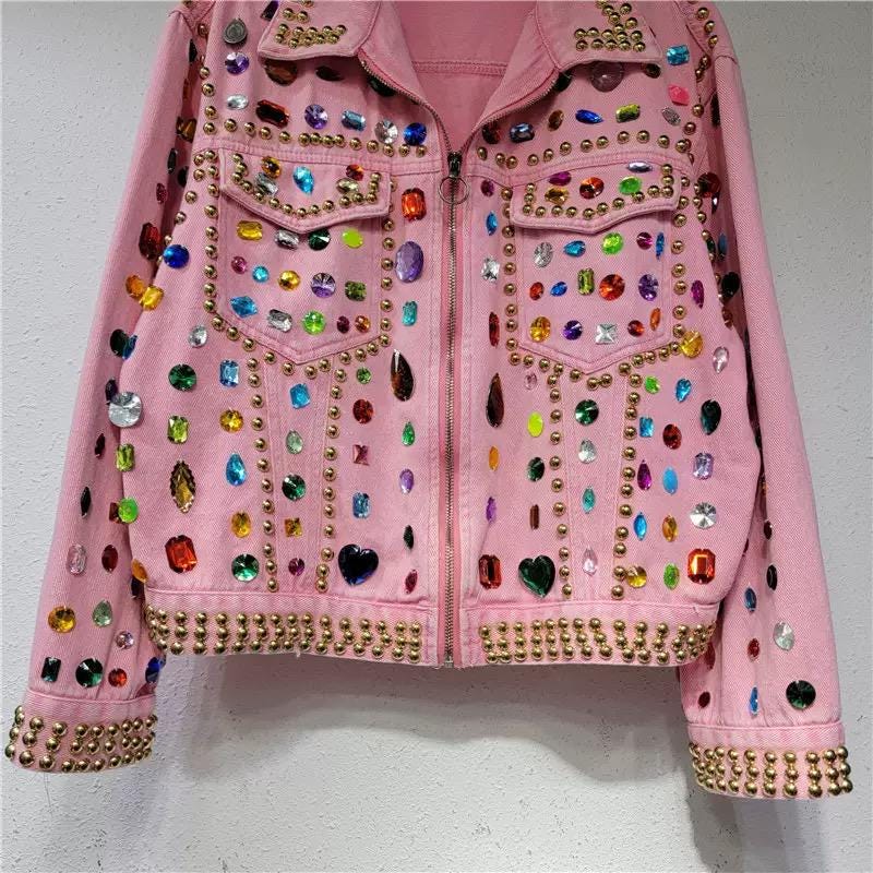 Reworked Beaded Denim Jacket with Multicolor Acrylic Gems, Statement Studded Pink Jean Jacket, Beaded Artisan Festival Outerwear