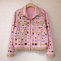Reworked Beaded Denim Jacket with Multicolor Acrylic Gems, Statement Studded Pink Jean Jacket, Beaded Artisan Festival Outerwear