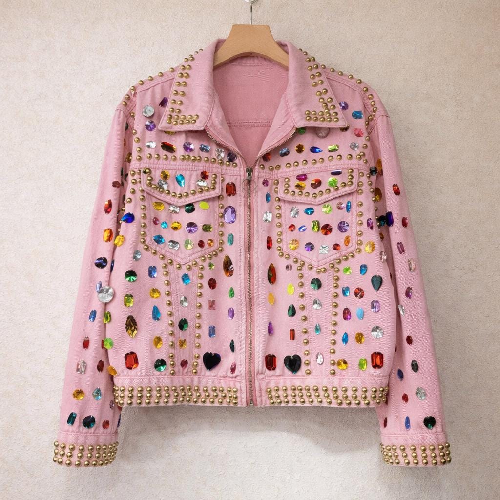 Reworked Beaded Denim Jacket with Multicolor Acrylic Gems, Statement Studded Pink Jean Jacket, Beaded Artisan Festival Outerwear