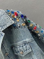 Embellished Denim Jacket with Acrylic Gem Shoulders, Reworked Statement Jean Jacket, Artisan Distressed Denim Outerwear