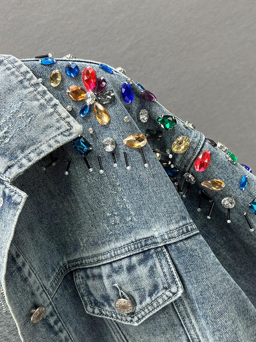 Embellished Denim Jacket with Acrylic Gem Shoulders, Reworked Statement Jean Jacket, Artisan Distressed Denim Outerwear