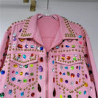 Reworked Beaded Denim Jacket with Multicolor Acrylic Gems, Statement Studded Pink Jean Jacket, Beaded Artisan Festival Outerwear