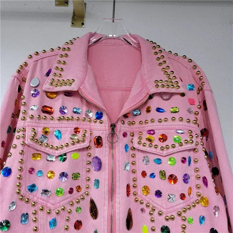 Reworked Beaded Denim Jacket with Multicolor Acrylic Gems, Statement Studded Pink Jean Jacket, Beaded Artisan Festival Outerwear