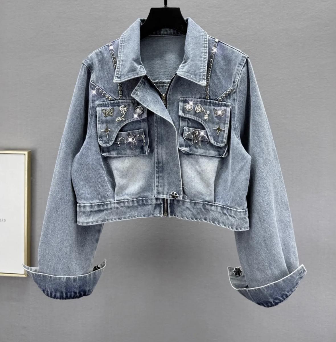 Reworked Cropped Denim Jacket with Vintage Brooch Embellishments, Handmade Upcycled Jean Jacket, Western Y2K Style