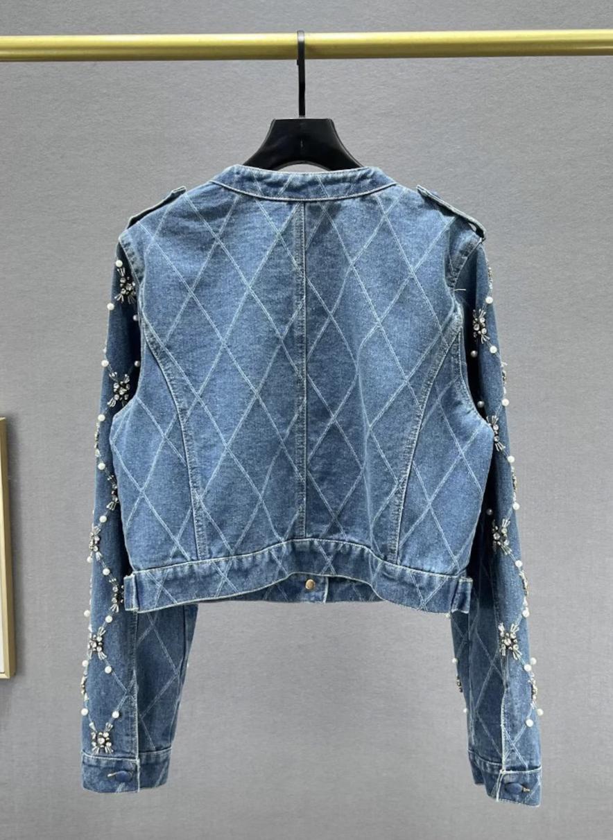 Pearl and Crystal Beaded Cropped Denim Jacket, Handmade Statement Jean Jacket, Feminine Party Outfit, Bridal Festival Jacket