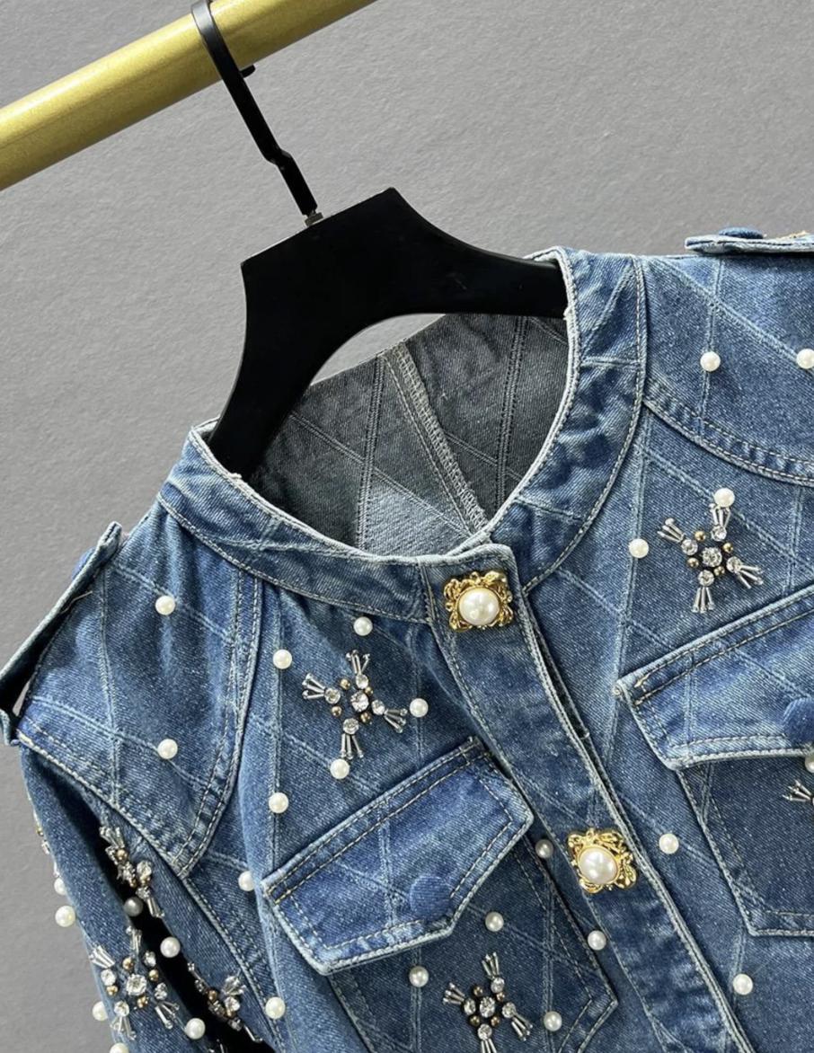 Pearl and Crystal Beaded Cropped Denim Jacket, Handmade Statement Jean Jacket, Feminine Party Outfit, Bridal Festival Jacket