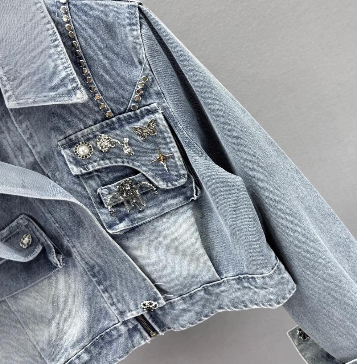 Reworked Cropped Denim Jacket with Vintage Brooch Embellishments, Handmade Upcycled Jean Jacket, Western Y2K Style