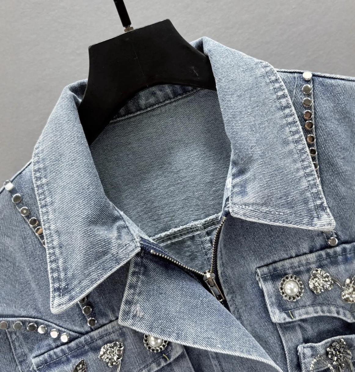 Reworked Cropped Denim Jacket with Vintage Brooch Embellishments, Handmade Upcycled Jean Jacket, Western Y2K Style