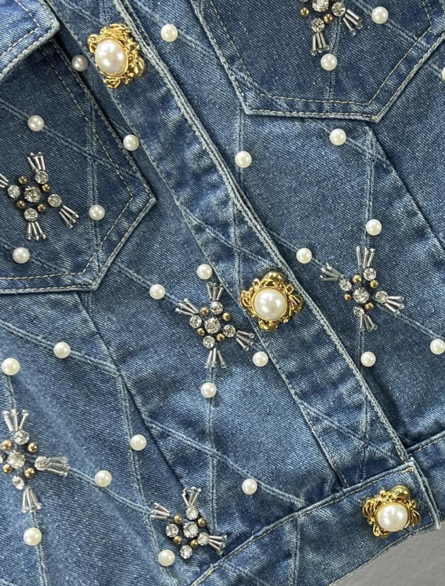Pearl and Crystal Beaded Cropped Denim Jacket, Handmade Statement Jean Jacket, Feminine Party Outfit, Bridal Festival Jacket