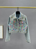 Handmade Beaded Pearl and Rhinestone Cropped Jacket, Cropped Embellished Jean Jacket, Colorful Gem Statement Jacket, Festival Party Denim