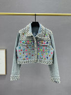 Handmade Beaded Pearl and Rhinestone Cropped Jacket, Cropped Embellished Jean Jacket, Colorful Gem Statement Jacket, Festival Party Denim