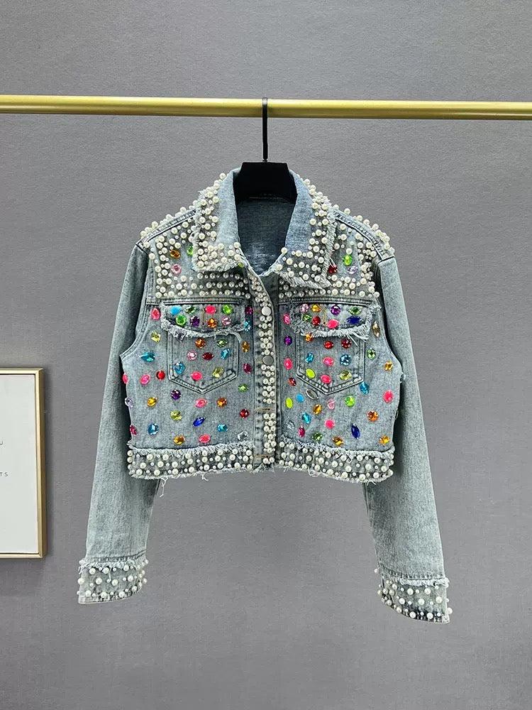 Handmade Beaded Pearl and Rhinestone Cropped Jacket, Cropped Embellished Jean Jacket, Colorful Gem Statement Jacket, Festival Party Denim