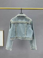 Handmade Beaded Pearl and Rhinestone Cropped Jacket, Cropped Embellished Jean Jacket, Colorful Gem Statement Jacket, Festival Party Denim