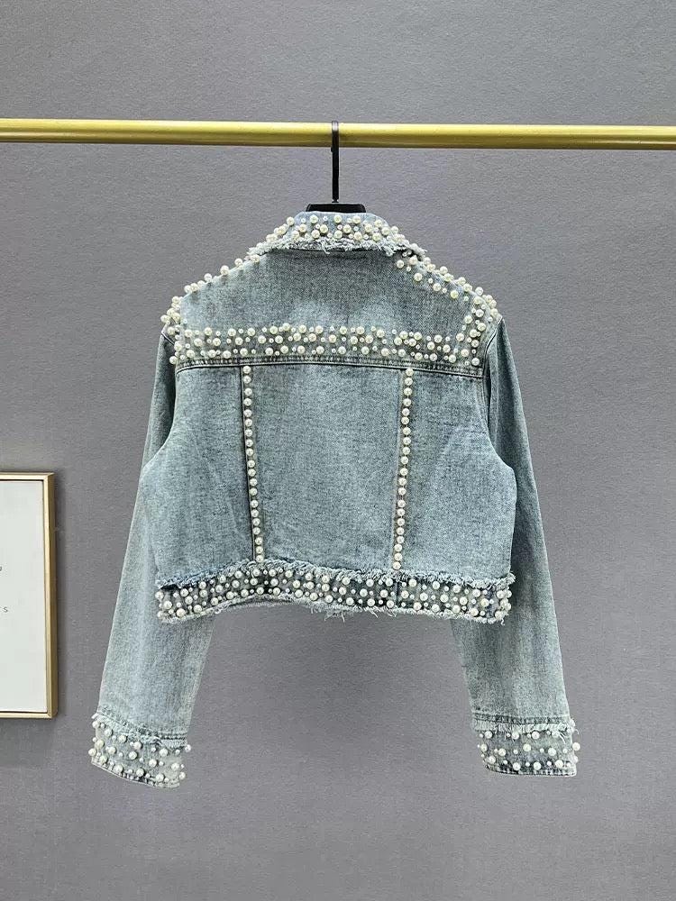 Handmade Beaded Pearl and Rhinestone Cropped Jacket, Cropped Embellished Jean Jacket, Colorful Gem Statement Jacket, Festival Party Denim