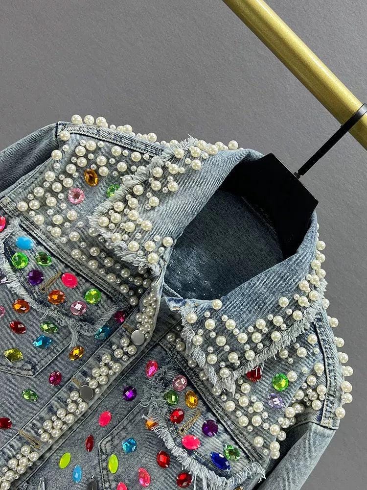 Handmade Beaded Pearl and Rhinestone Cropped Jacket, Cropped Embellished Jean Jacket, Colorful Gem Statement Jacket, Festival Party Denim